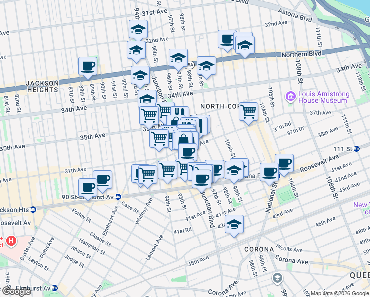 map of restaurants, bars, coffee shops, grocery stores, and more near in Queens
