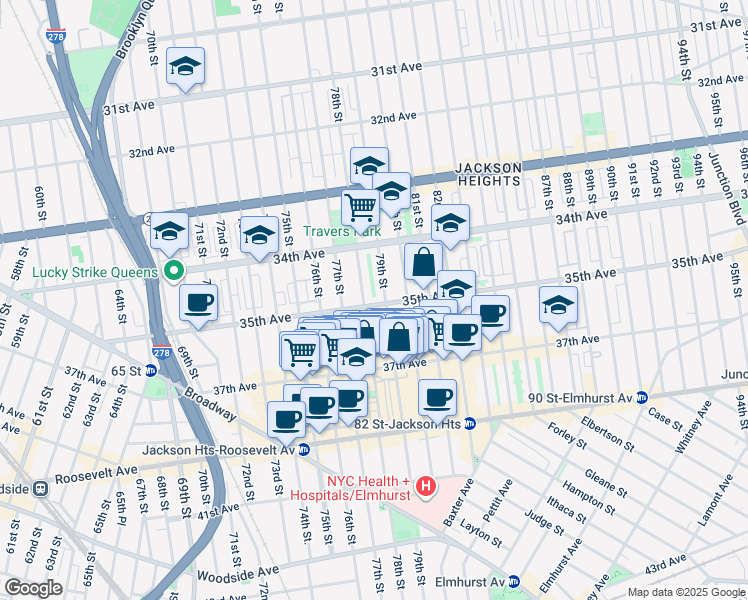 map of restaurants, bars, coffee shops, grocery stores, and more near 34-40 78th Street in Queens