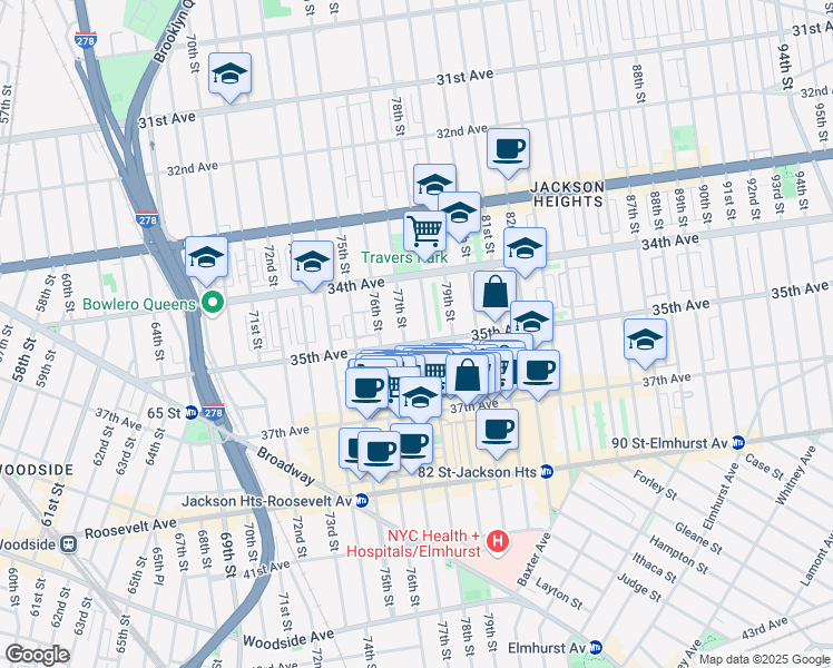 map of restaurants, bars, coffee shops, grocery stores, and more near 34-40 78th Street in Queens