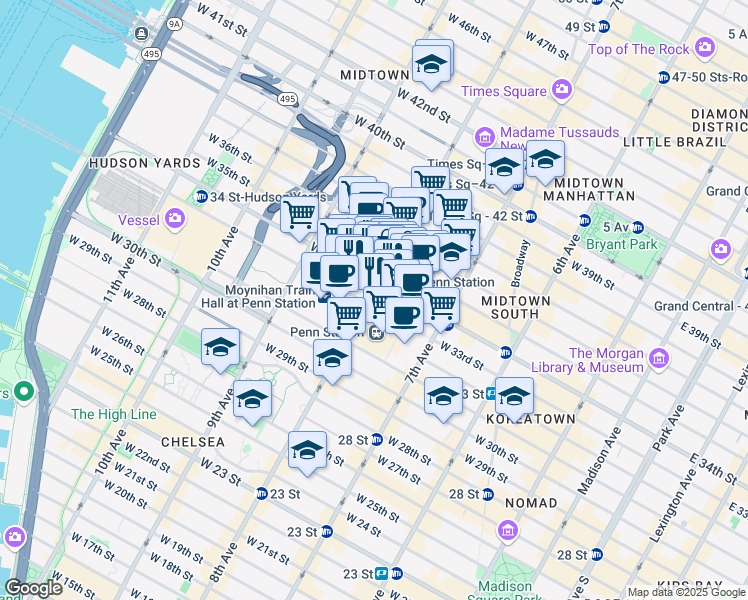 map of restaurants, bars, coffee shops, grocery stores, and more near in New York