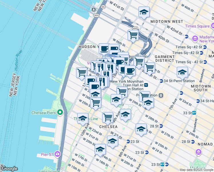 map of restaurants, bars, coffee shops, grocery stores, and more near in New York