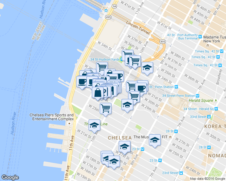map of restaurants, bars, coffee shops, grocery stores, and more near 519 West 29th Street in New York