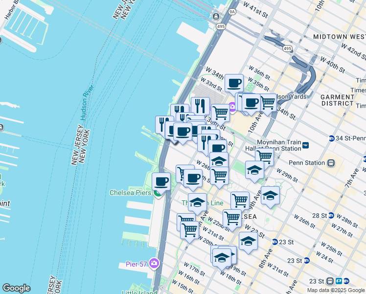 map of restaurants, bars, coffee shops, grocery stores, and more near 641 West 27th Street in New York