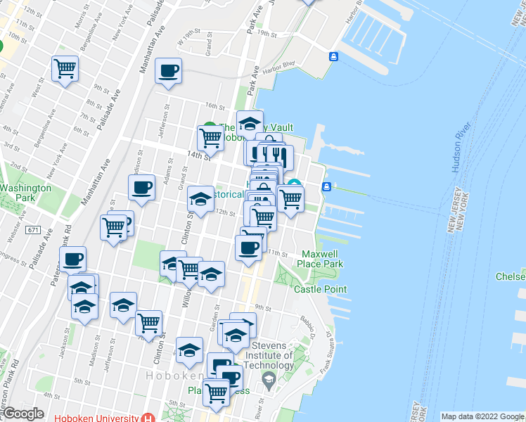 map of restaurants, bars, coffee shops, grocery stores, and more near 1217 Washington Street in Hoboken