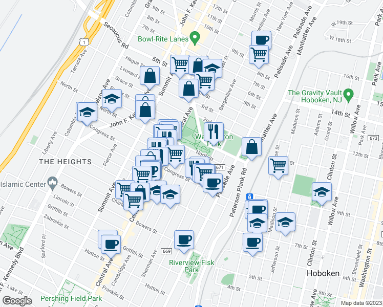 map of restaurants, bars, coffee shops, grocery stores, and more near 55 North Street in Jersey City