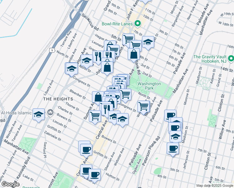 map of restaurants, bars, coffee shops, grocery stores, and more near 14 Graham Street in Jersey City