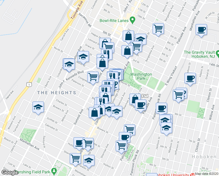 map of restaurants, bars, coffee shops, grocery stores, and more near 14 Graham Street in Jersey City