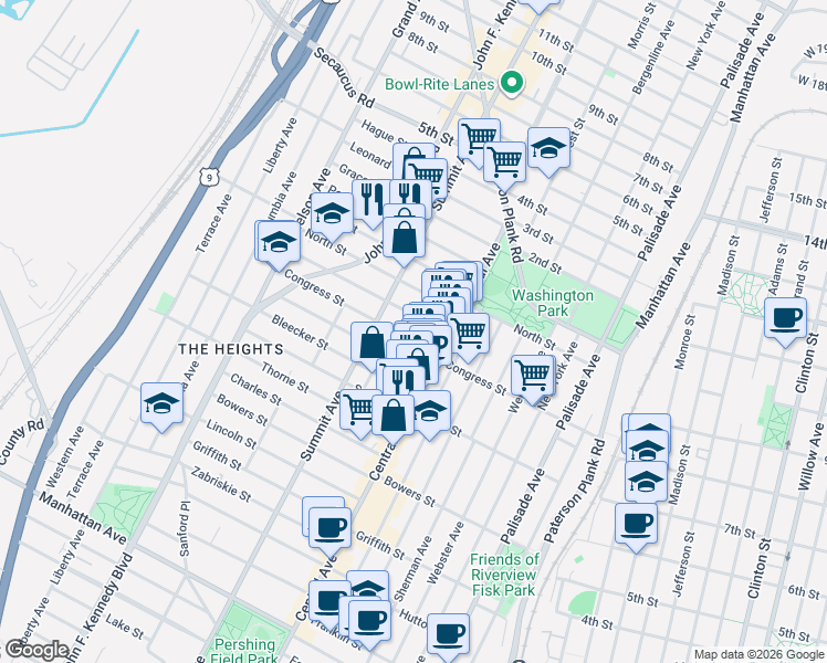 map of restaurants, bars, coffee shops, grocery stores, and more near 41 Graham Street in Jersey City