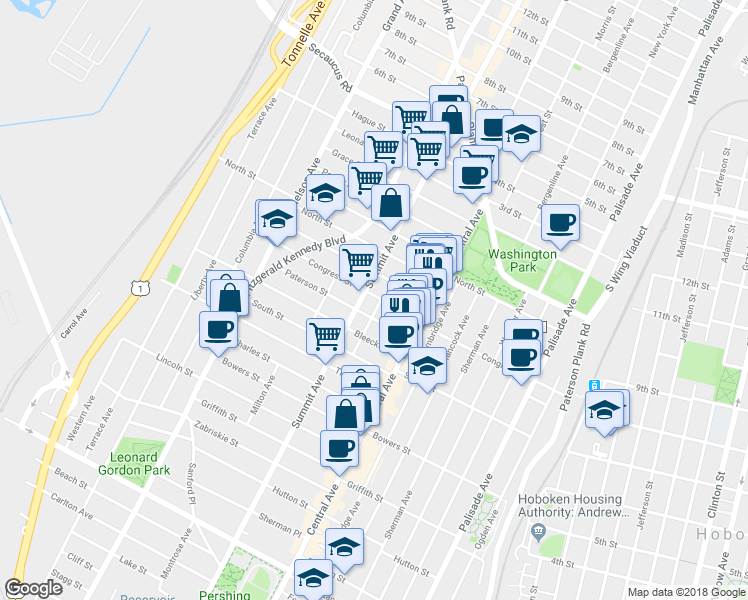 map of restaurants, bars, coffee shops, grocery stores, and more near 41 Graham Street in Jersey City