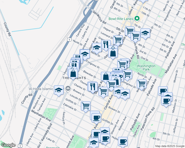 map of restaurants, bars, coffee shops, grocery stores, and more near 86 Paterson Street in Jersey City
