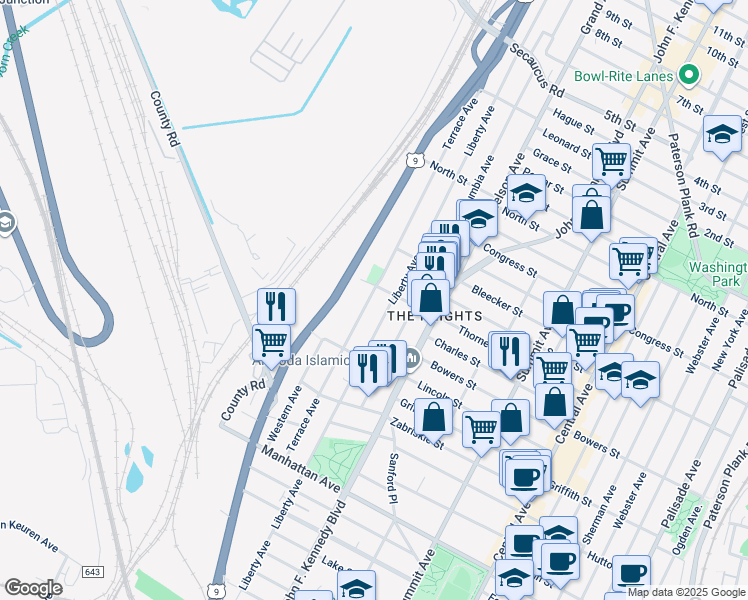 map of restaurants, bars, coffee shops, grocery stores, and more near 168 County Road 649 in Jersey City