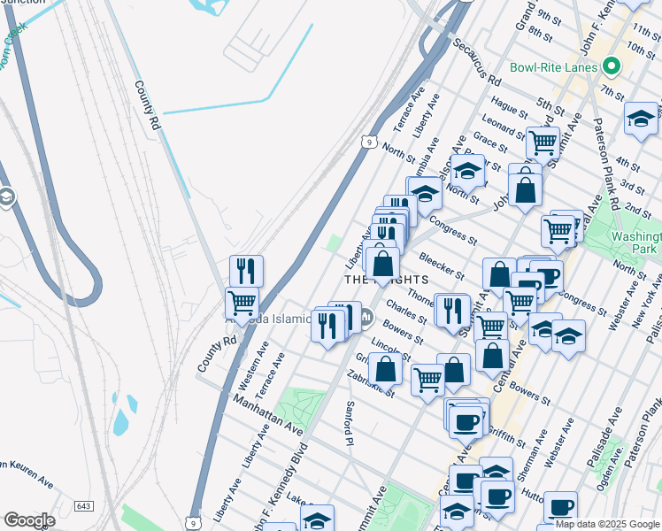 map of restaurants, bars, coffee shops, grocery stores, and more near 168 County Road 649 in Jersey City