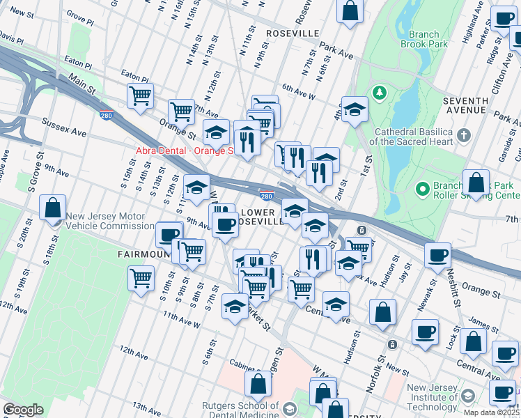 map of restaurants, bars, coffee shops, grocery stores, and more near 75 North 7th Street in Newark