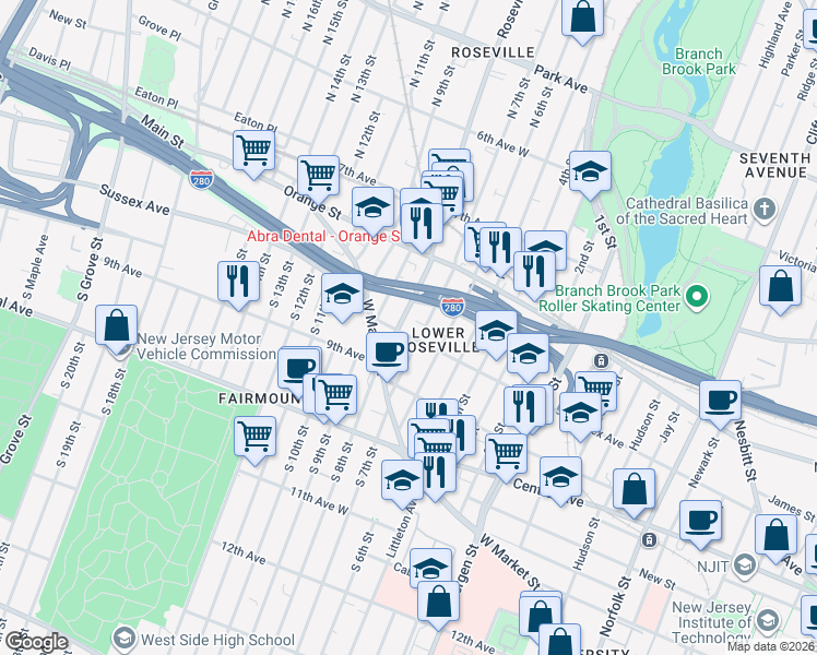 map of restaurants, bars, coffee shops, grocery stores, and more near 36 Roseville Avenue in Newark