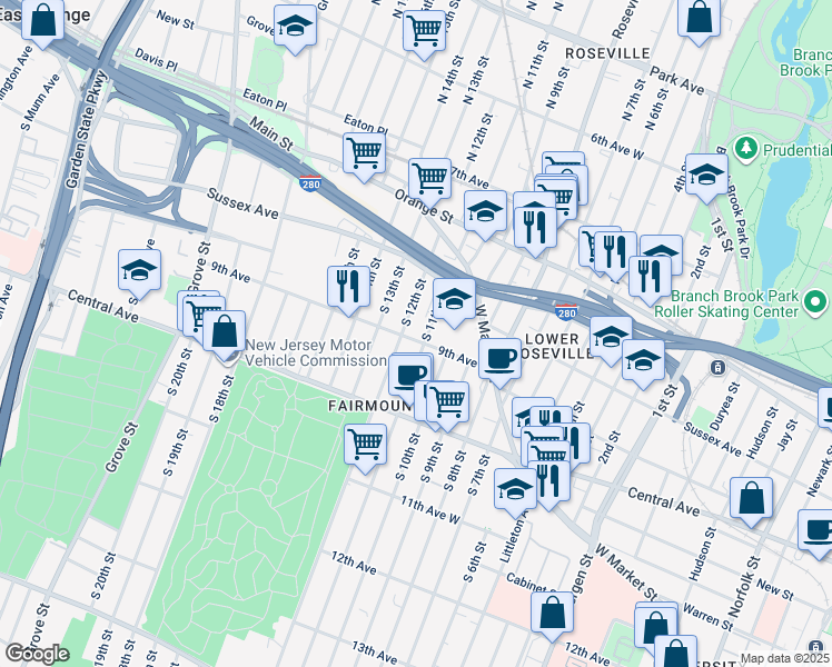 map of restaurants, bars, coffee shops, grocery stores, and more near 73 South 11th Street in Newark