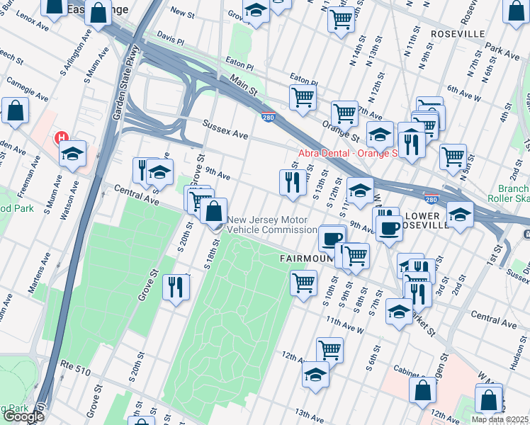 map of restaurants, bars, coffee shops, grocery stores, and more near 78 South 16th Street in East Orange