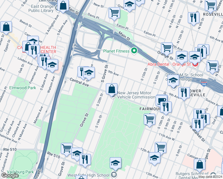 map of restaurants, bars, coffee shops, grocery stores, and more near 147 Steuben Street in East Orange