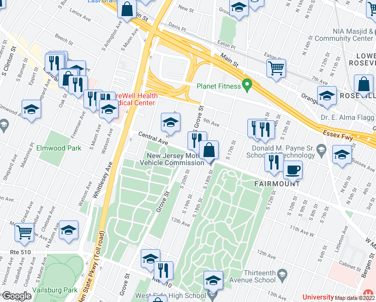 map of restaurants, bars, coffee shops, grocery stores, and more near 100 Central Avenue in East Orange