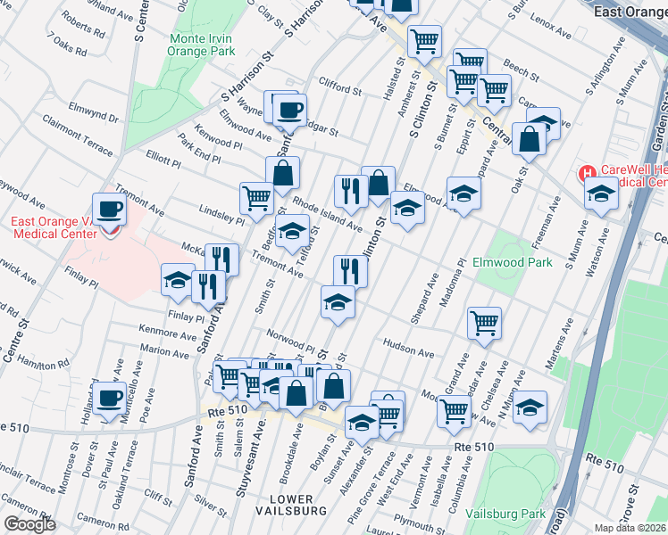 map of restaurants, bars, coffee shops, grocery stores, and more near 453 Halsted Street in East Orange