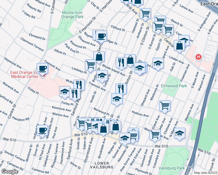 map of restaurants, bars, coffee shops, grocery stores, and more near 453 Halsted Street in East Orange