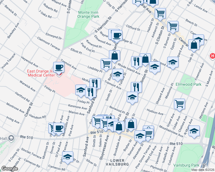 map of restaurants, bars, coffee shops, grocery stores, and more near 256 Tremont Avenue in East Orange