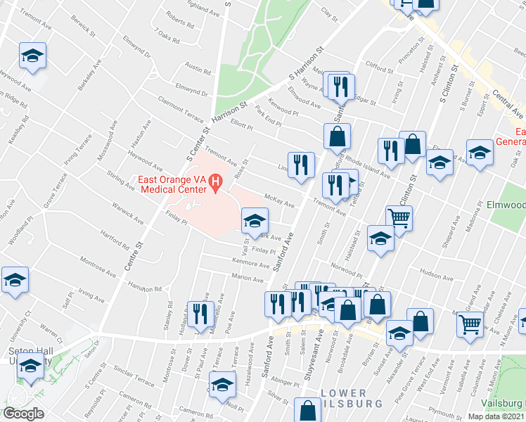 map of restaurants, bars, coffee shops, grocery stores, and more near 39 McKay Avenue in East Orange