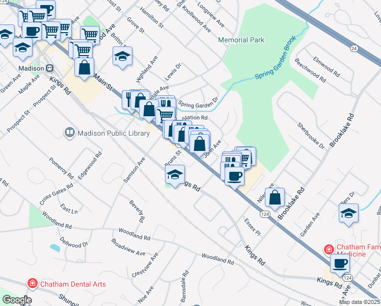 map of restaurants, bars, coffee shops, grocery stores, and more near 250 Main Street in Madison