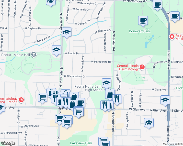 map of restaurants, bars, coffee shops, grocery stores, and more near 917 West Shenandoah Drive in Peoria