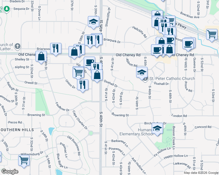 map of restaurants, bars, coffee shops, grocery stores, and more near 4200 Duxhall Drive in Lincoln