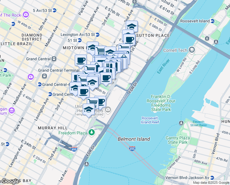 map of restaurants, bars, coffee shops, grocery stores, and more near 450 East 48th Street in New York