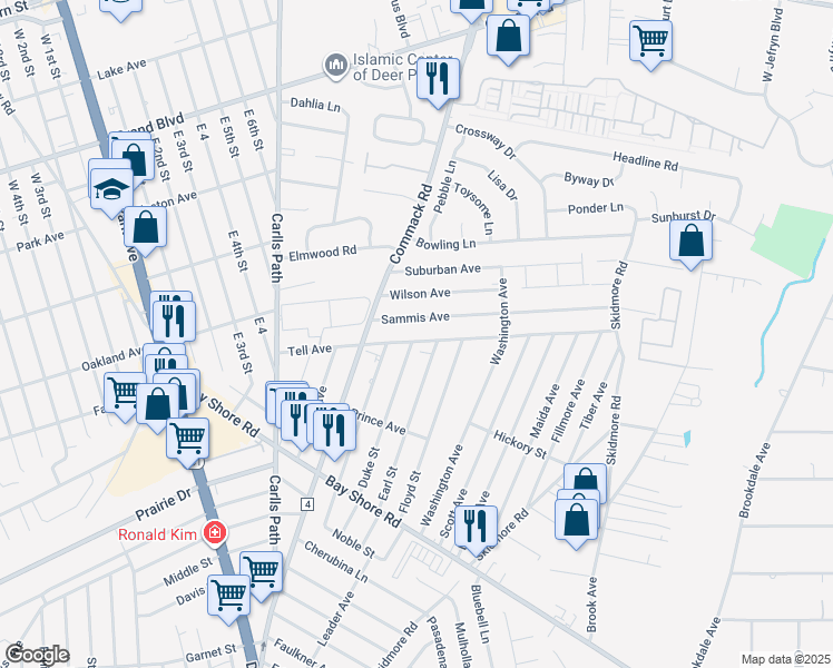 map of restaurants, bars, coffee shops, grocery stores, and more near 36 Sammis Avenue in Deer Park