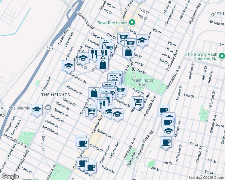 map of restaurants, bars, coffee shops, grocery stores, and more near 14 Graham Street in Jersey City
