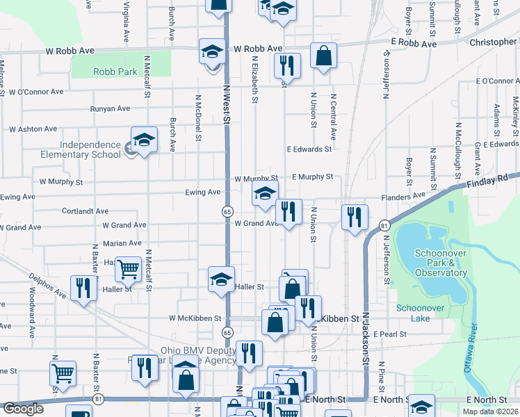 map of restaurants, bars, coffee shops, grocery stores, and more near 732 North Elizabeth Street in Lima