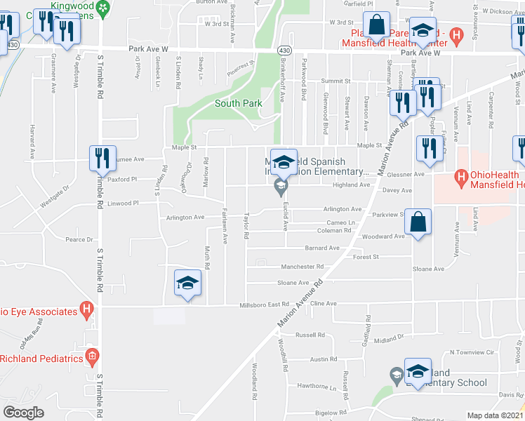map of restaurants, bars, coffee shops, grocery stores, and more near 678 Arlington Avenue in Mansfield