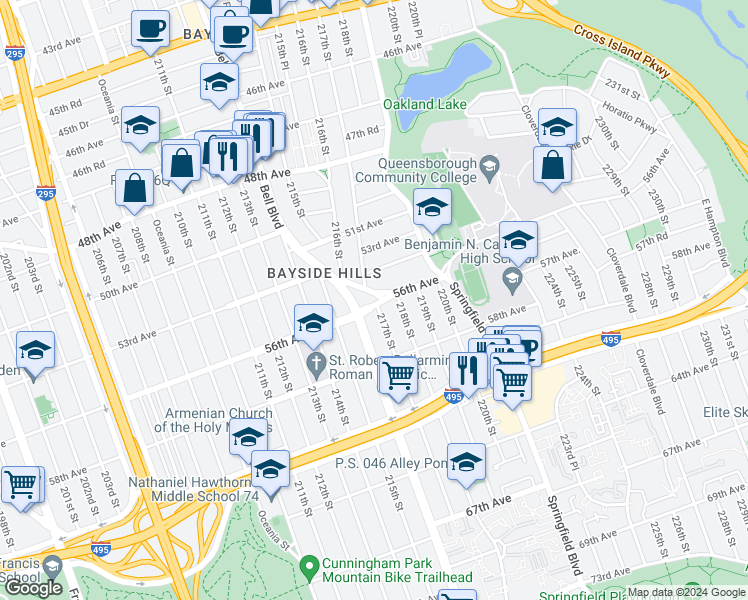map of restaurants, bars, coffee shops, grocery stores, and more near 216-17 56th Avenue in Queens