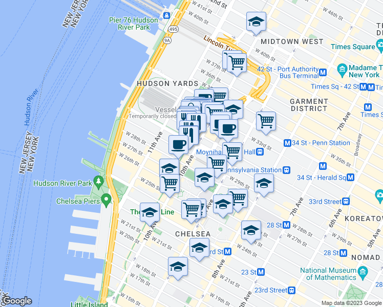 map of restaurants, bars, coffee shops, grocery stores, and more near 435 West 30th Street in New York