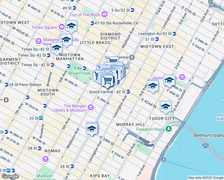 map of restaurants, bars, coffee shops, grocery stores, and more near 120 Park Avenue in New York