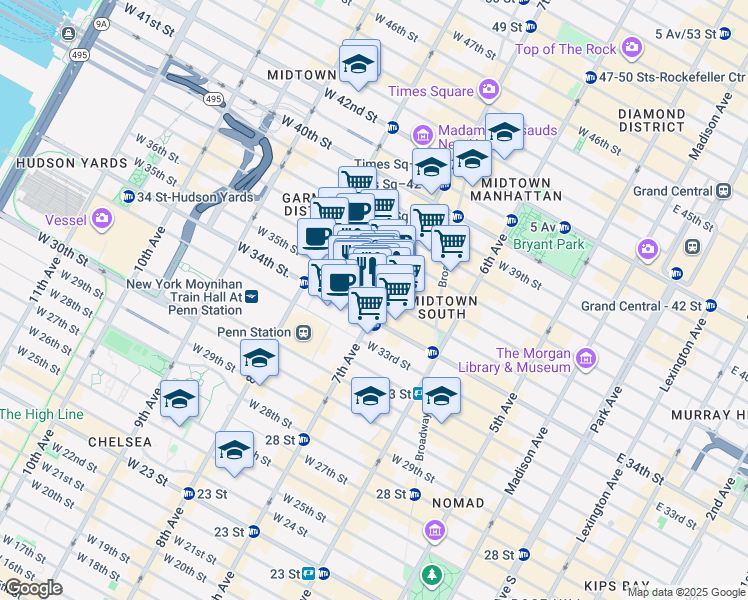 map of restaurants, bars, coffee shops, grocery stores, and more near 205 West 34th Street in New York