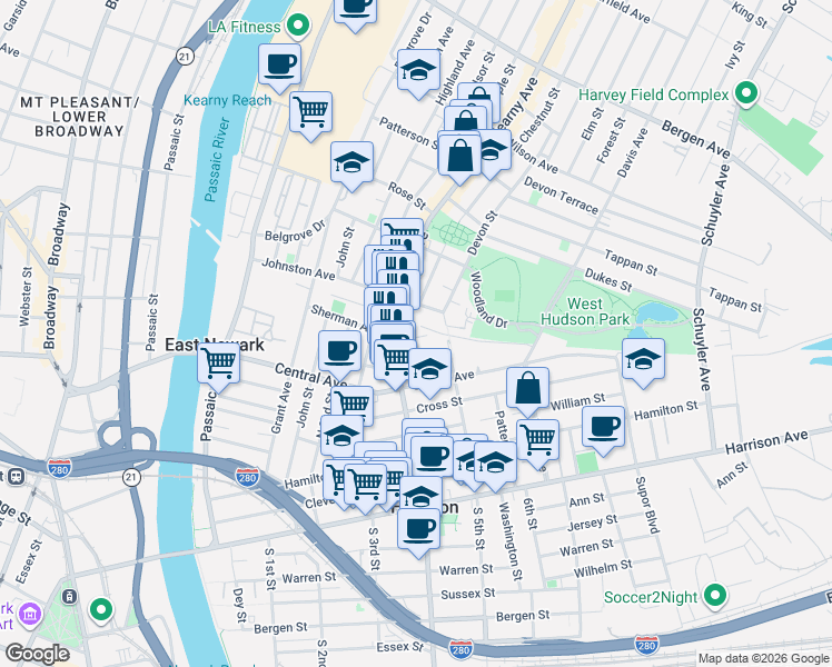 map of restaurants, bars, coffee shops, grocery stores, and more near 701 Frank E Rodgers Boulevard North in Harrison