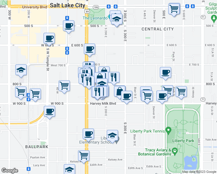 map of restaurants, bars, coffee shops, grocery stores, and more near 206 East 800 South in Salt Lake City