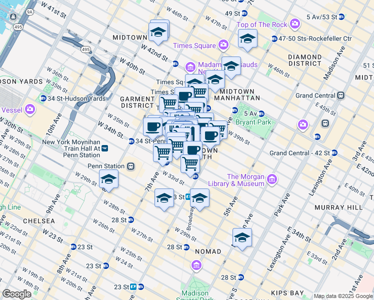 map of restaurants, bars, coffee shops, grocery stores, and more near 481-499 Fashion Avenue in New York