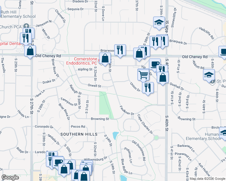 map of restaurants, bars, coffee shops, grocery stores, and more near 3421 Plantation Drive in Lincoln