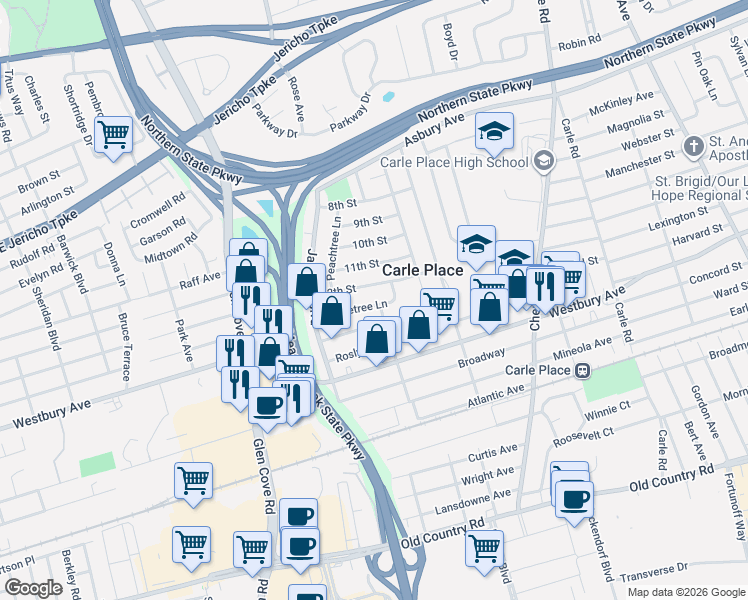 map of restaurants, bars, coffee shops, grocery stores, and more near 21 Appletree Lane in Carle Place