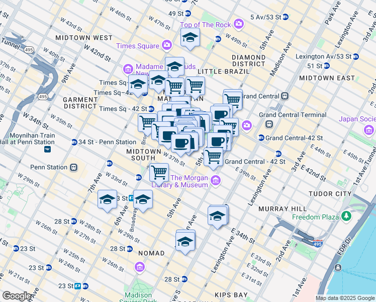 map of restaurants, bars, coffee shops, grocery stores, and more near in New York