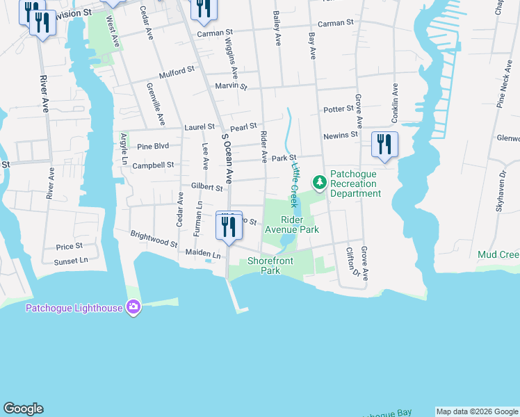 map of restaurants, bars, coffee shops, grocery stores, and more near 366 Rider Avenue in Patchogue