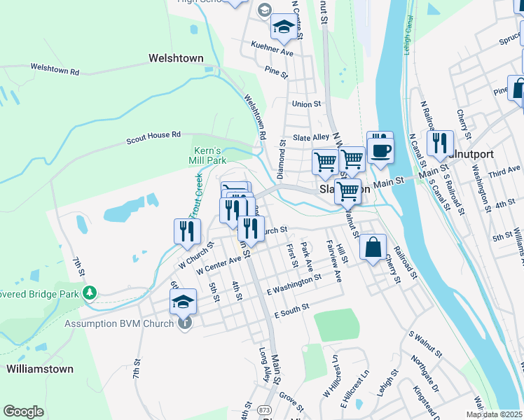 map of restaurants, bars, coffee shops, grocery stores, and more near 15 2nd St in Slatington