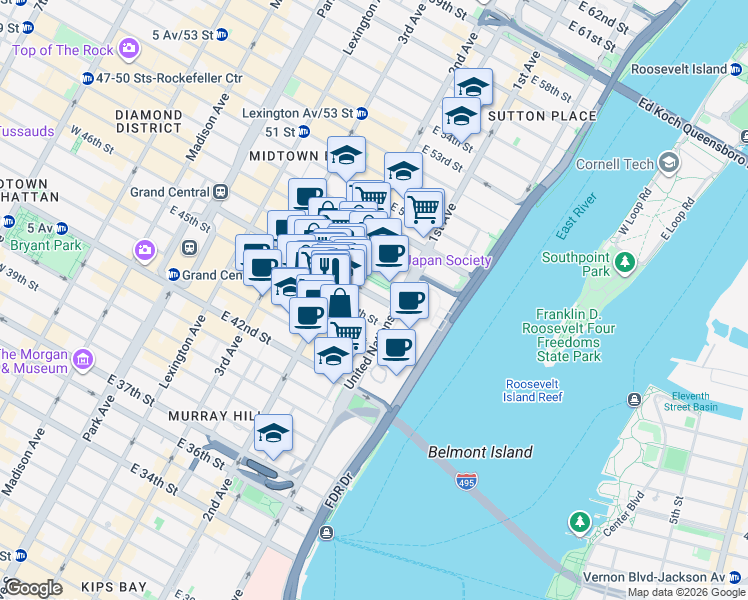 map of restaurants, bars, coffee shops, grocery stores, and more near 330 East 46th Street in New York