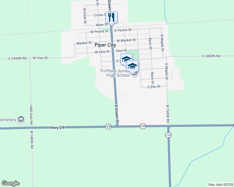 map of restaurants, bars, coffee shops, grocery stores, and more near 1 East Centennial Court in Piper City