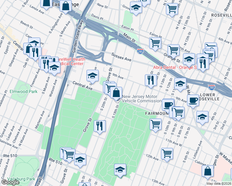 map of restaurants, bars, coffee shops, grocery stores, and more near 147 Steuben Street in East Orange
