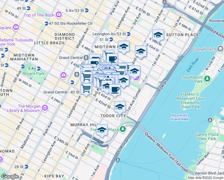 map of restaurants, bars, coffee shops, grocery stores, and more near 245 East 44th Street in New York